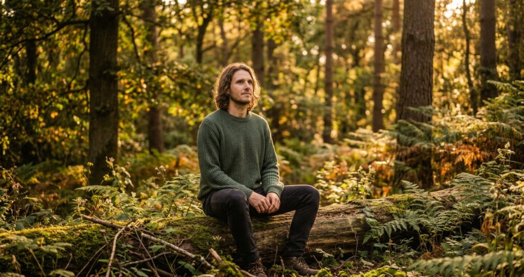 A young man sits calmly and reflectively on a moss-covered log in a sunlit forest, illustrating a moment of mindfulness and grounding in a nature therapy setting.